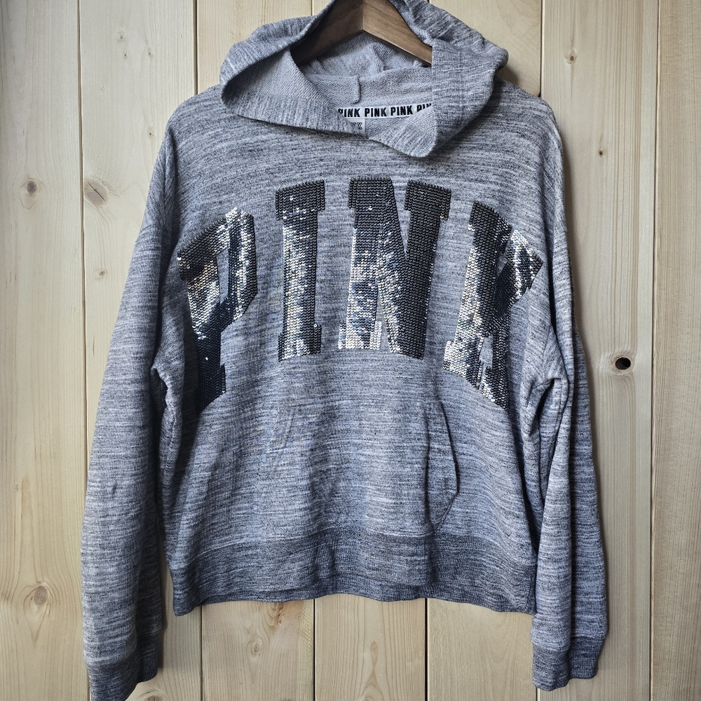 Victoria's Secret Pink Bling Sequin Grey Hoodie Womens Large